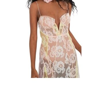 For Love And Lemons Floral Lace Chemise - Cream and Yellow